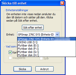 Dropdownrutan kan innehålla olika saker. I detta fall en USB hubb och USB minne samt. min Garmin 276C